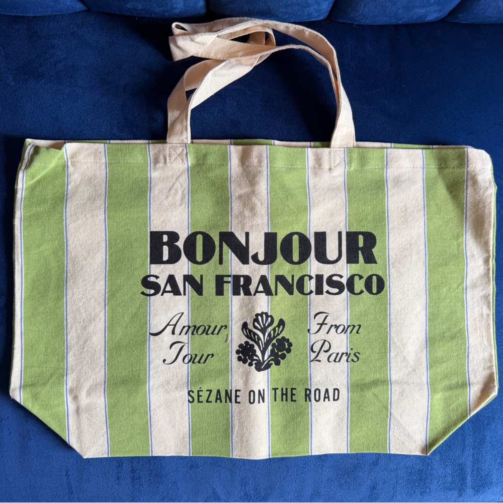 Sezane Green and Cream Striped Tote Bag
